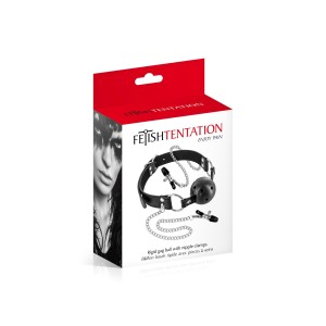 Повітропроникний кляп із затискачами для сосків Fetish Tentation Rigid Gag Ball with Nipple Clamps. Photo 2