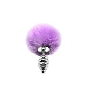 Металева анальна пробка Кролячий хвостик Alive Fluffy Twist Plug S Purple, діаметр 2,9 см