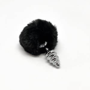Металева анальна пробка Кролячий хвостик Alive Fluffy Twist Plug S Black, діаметр 2,9 см. Photo 2
