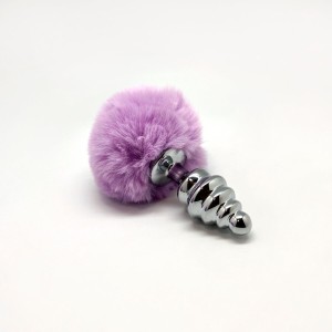 Металева анальна пробка Кролячий хвостик Alive Fluffy Twist Plug M Purple, діаметр 3,4 см. Photo 2