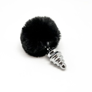 Металева анальна пробка Кролячий хвостик Alive Fluffy Twist Plug M Black, діаметр 3,4 см. Photo 2
