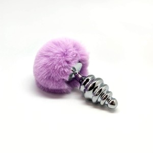 Металева анальна пробка Кролячий хвостик Alive Fluffy Twist Plug L Purple, діаметр 3,8 см. Photo 3