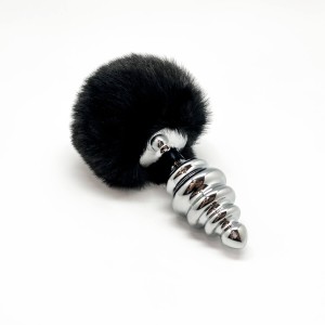 Металева анальна пробка Кролячий хвостик Alive Fluffy Twist Plug L Black, діаметр 3,8 см. Photo 2