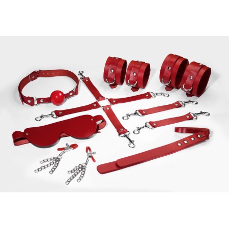 Набір Feral Feelings BDSM Kit 7 Red, наручники, поножі, конектор, маска, падл, кляп, затискачі